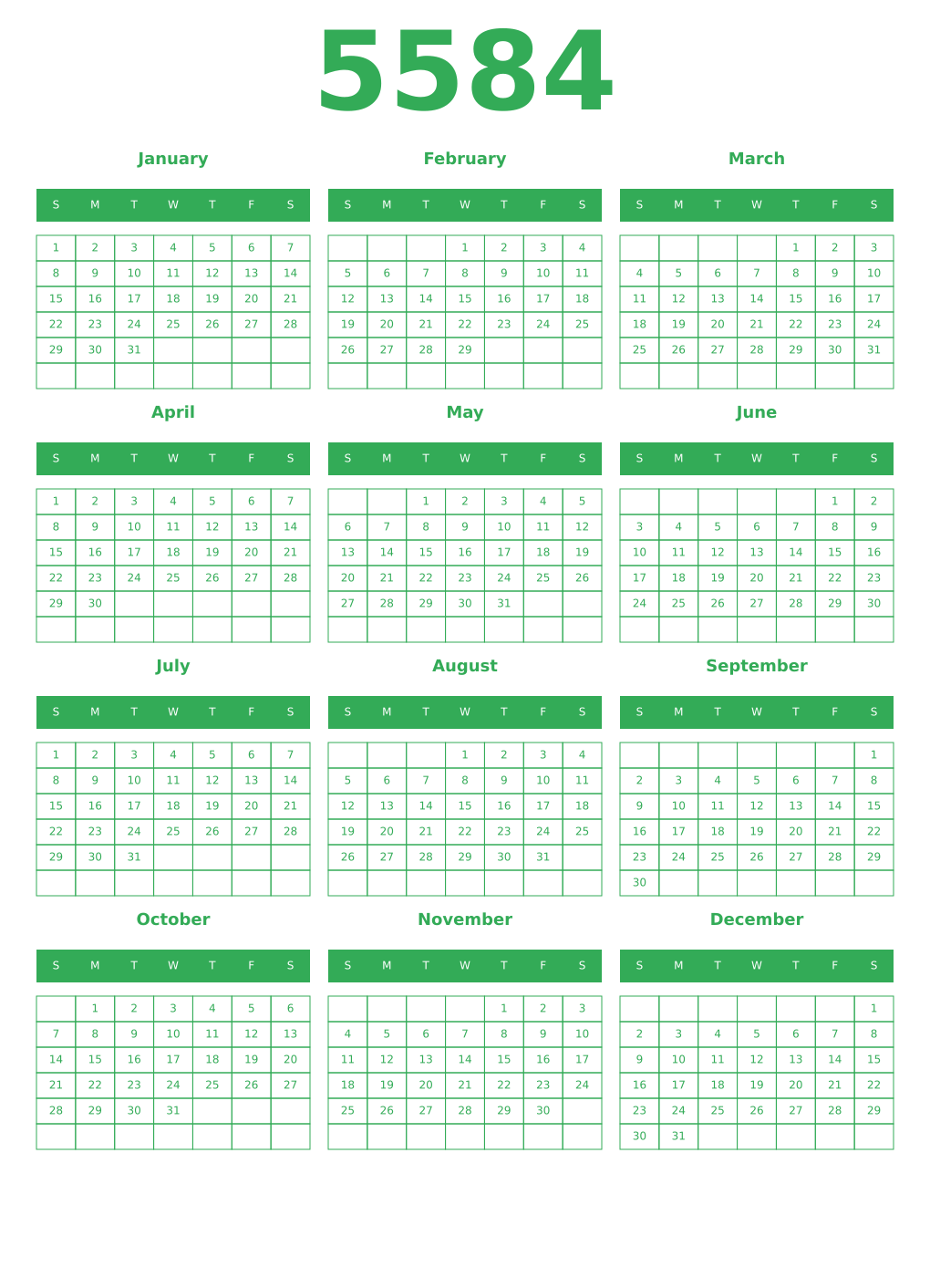 Printable 5584 Year Calendars green