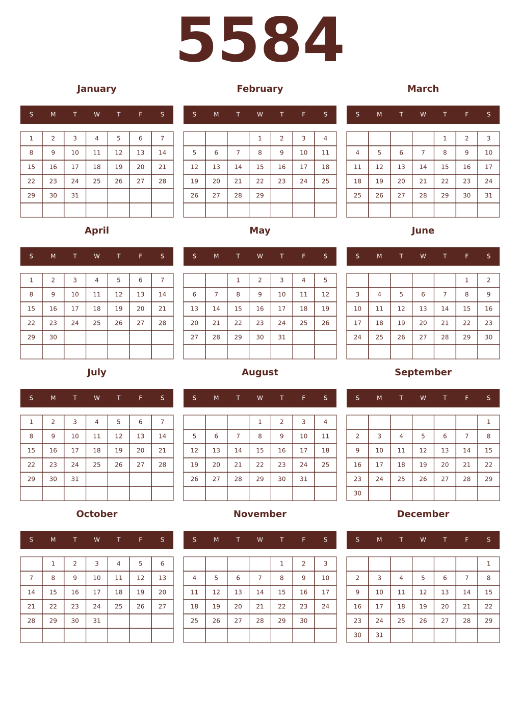 Printable 5584 Year Calendars mortuum