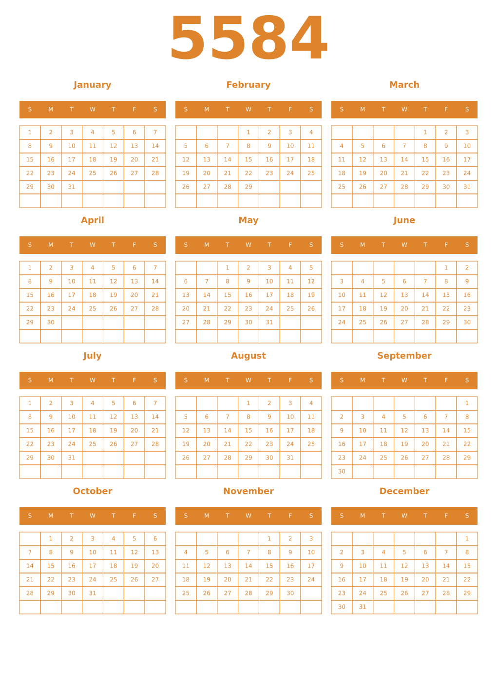Printable 5584 Year Calendars orange