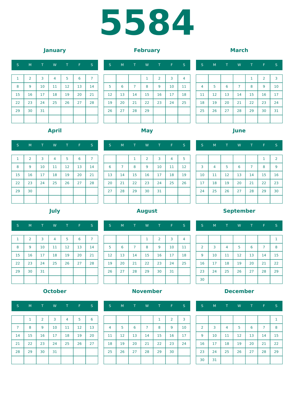 Printable 5584 Year Calendars pastel