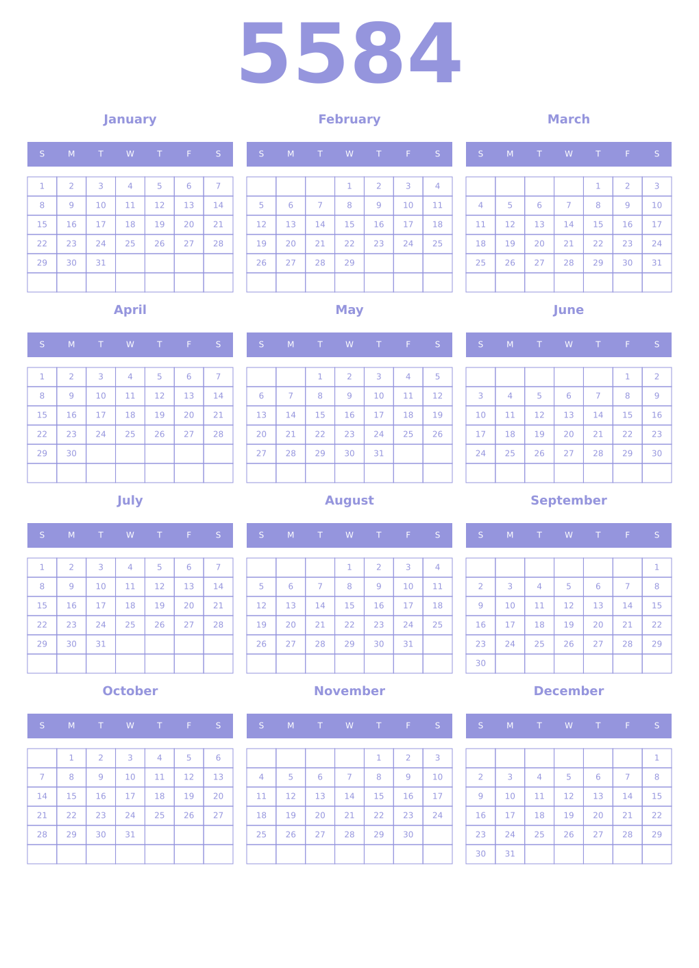Printable 5584 Year Calendars periwinkle