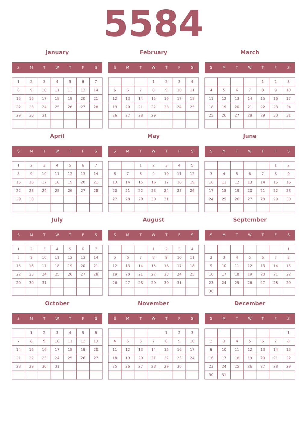 Printable 5584 Year Calendars puce