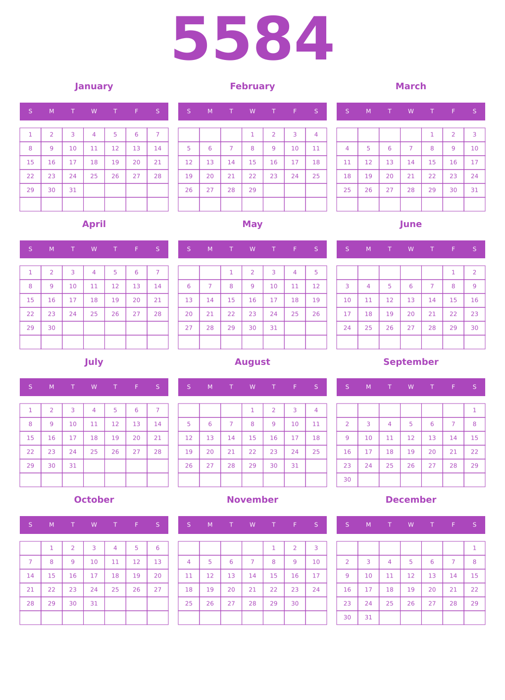 Printable 5584 Year Calendars purple