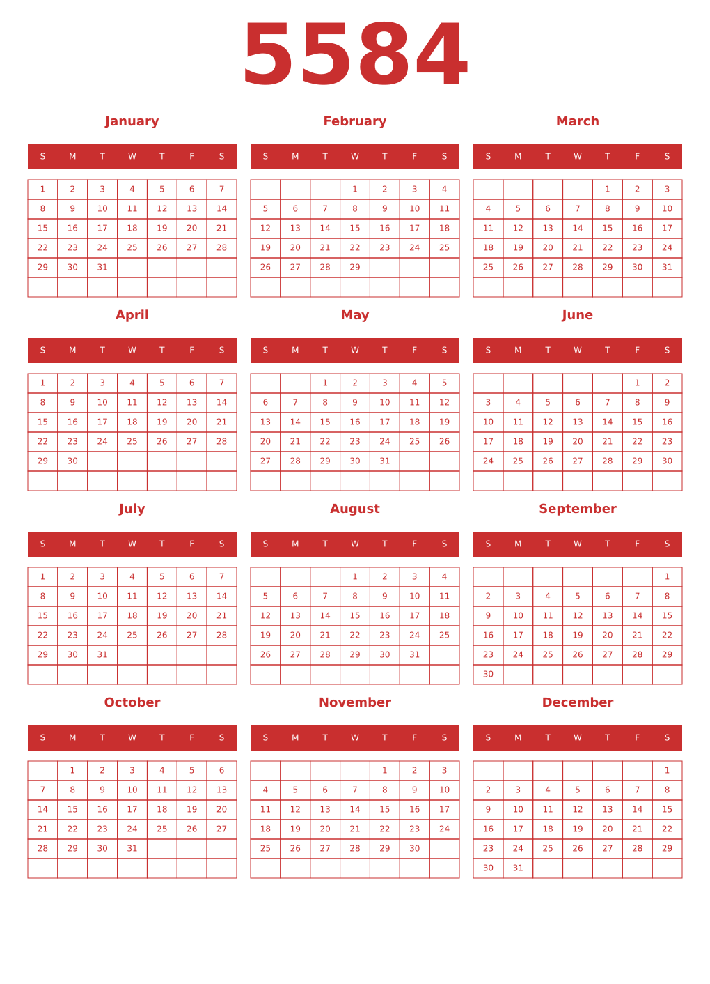 Printable 5584 Year Calendars red