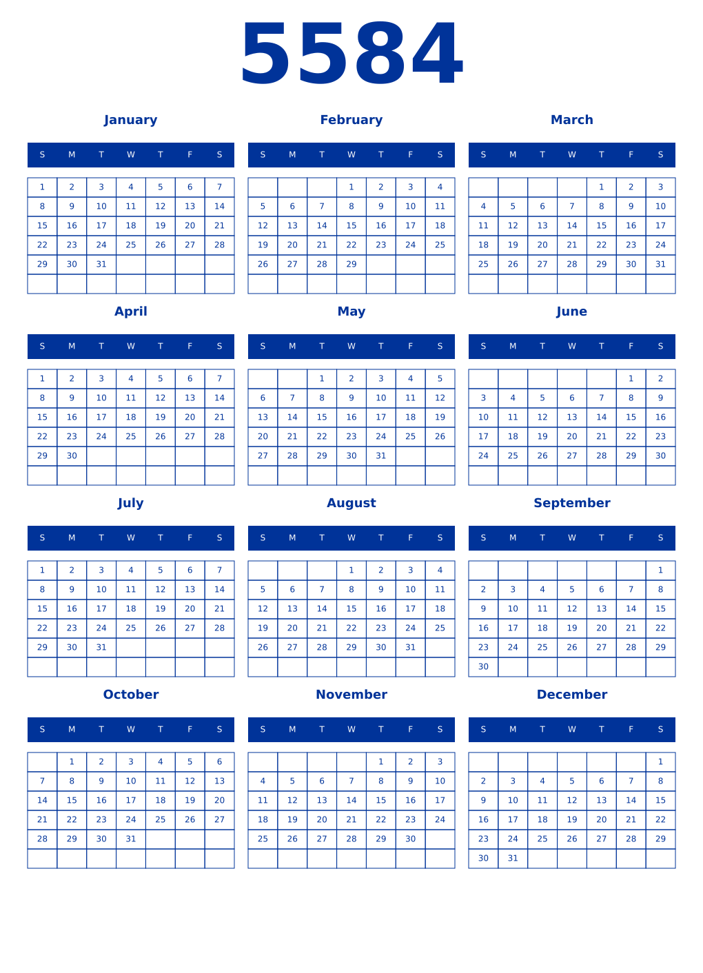 Printable 5584 Year Calendars smalt