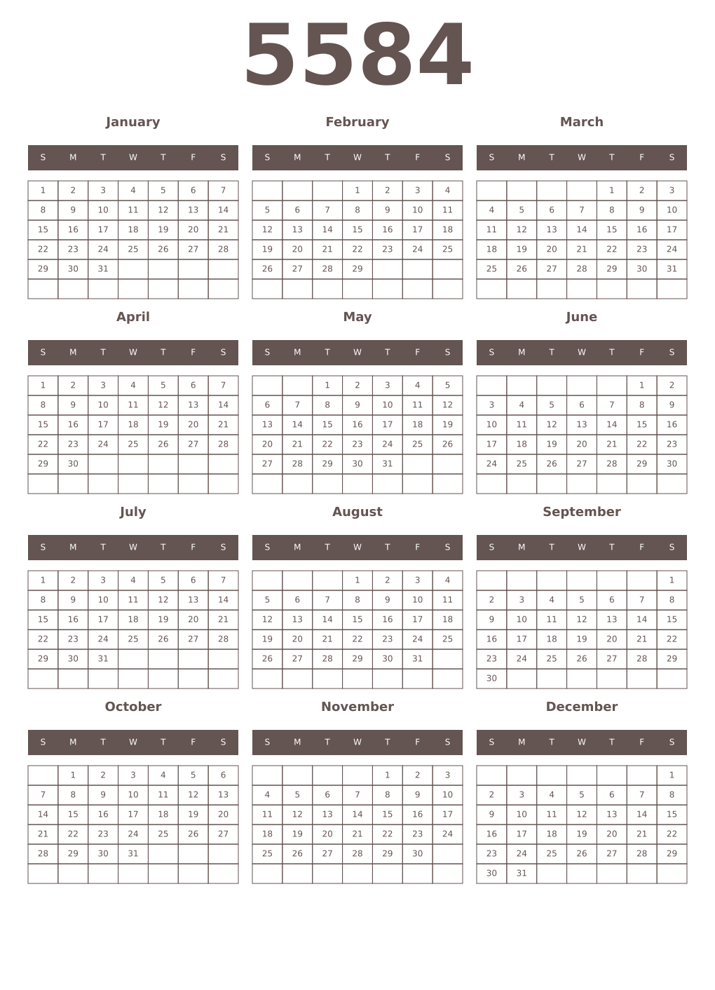 Printable 5584 Year Calendars wenge