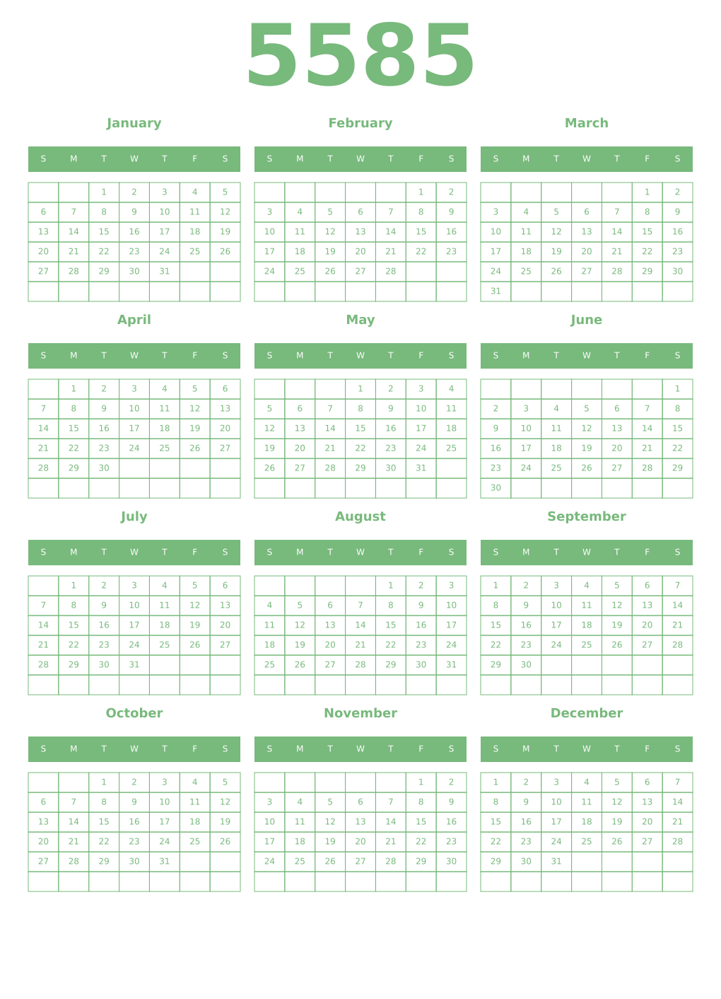 Printable 5585 Year Calendars celadon