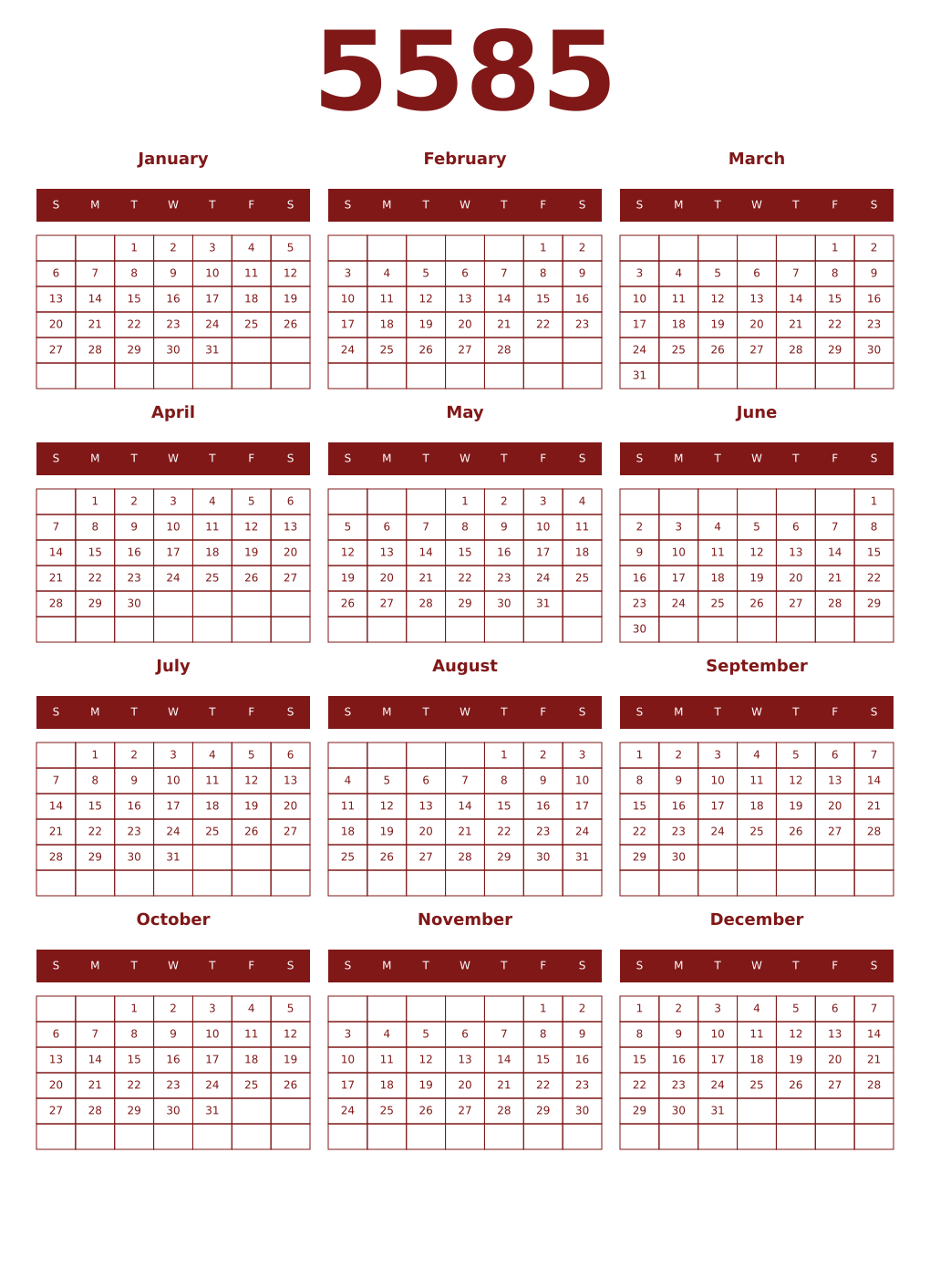 Printable 5585 Year Calendars falu