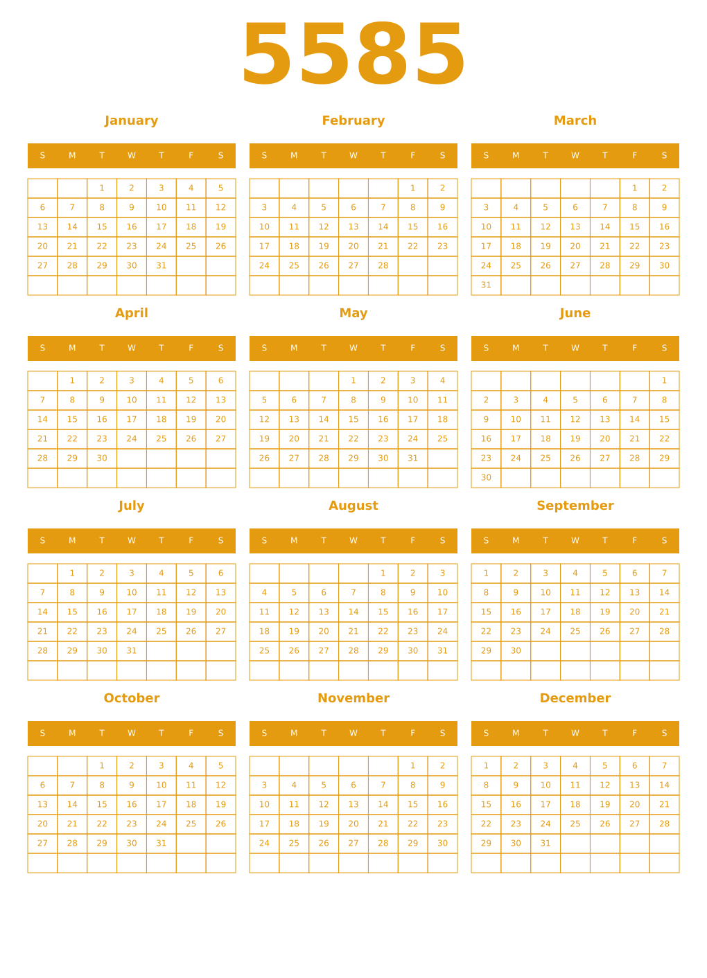 Printable 5585 Year Calendars gamboge