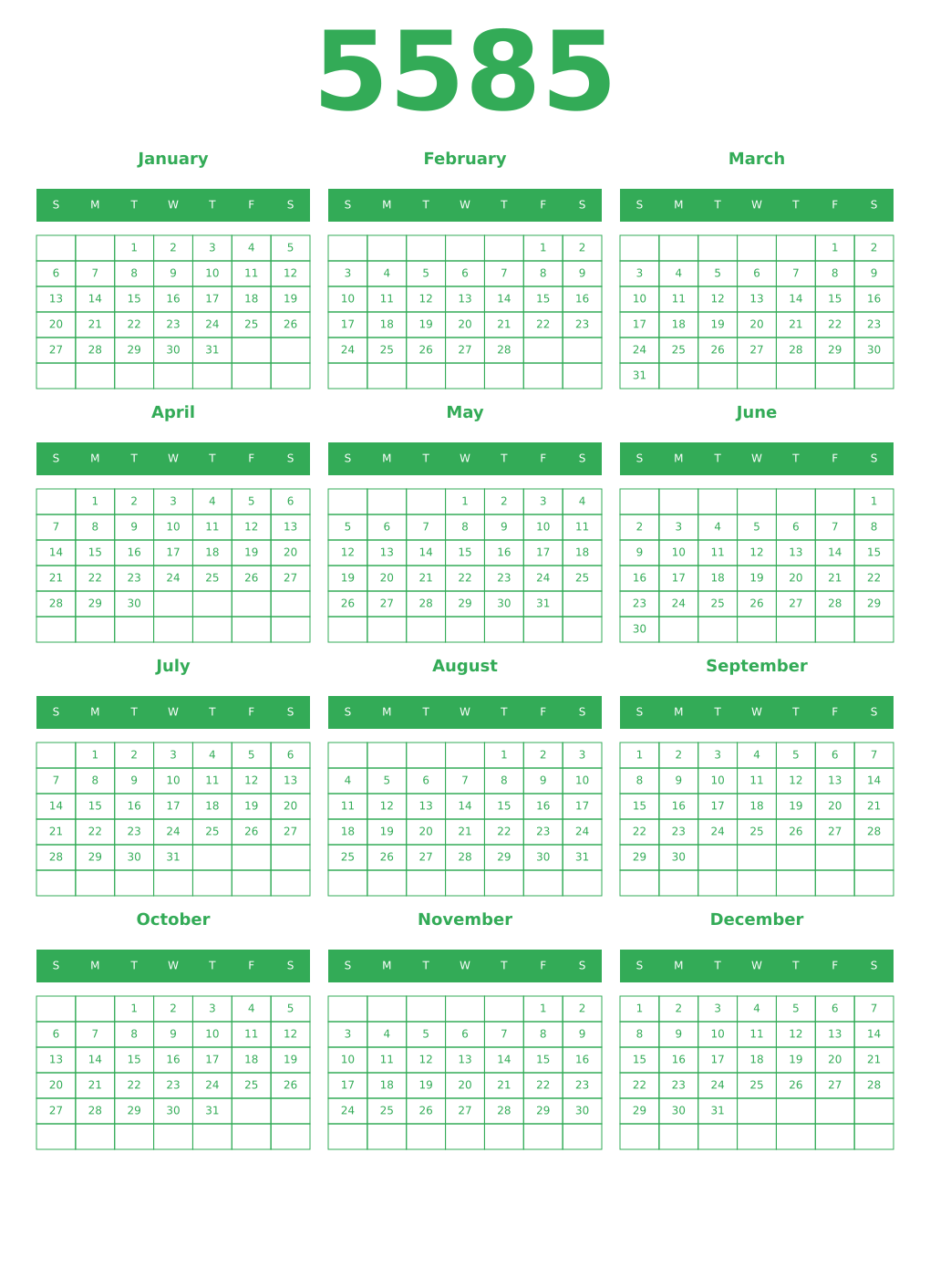 Printable 5585 Year Calendars green