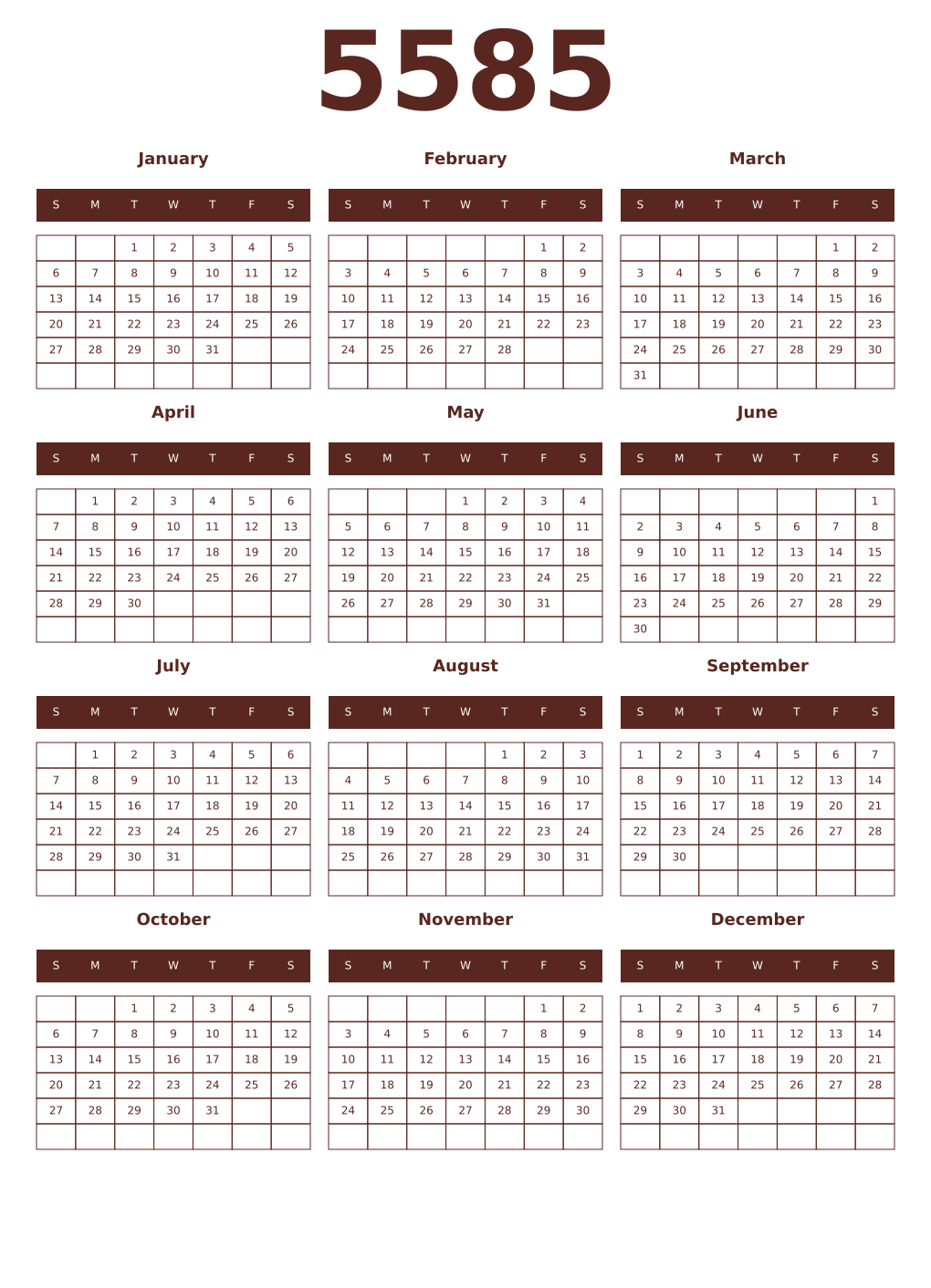 Printable 5585 Year Calendars mortuum
