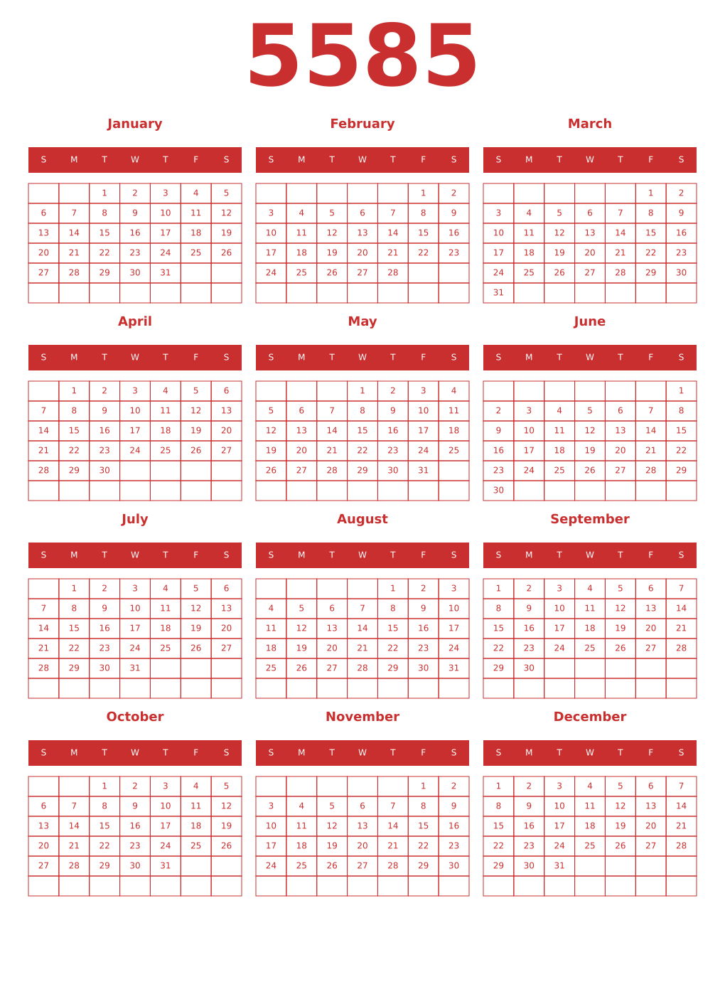 Printable 5585 Year Calendars red