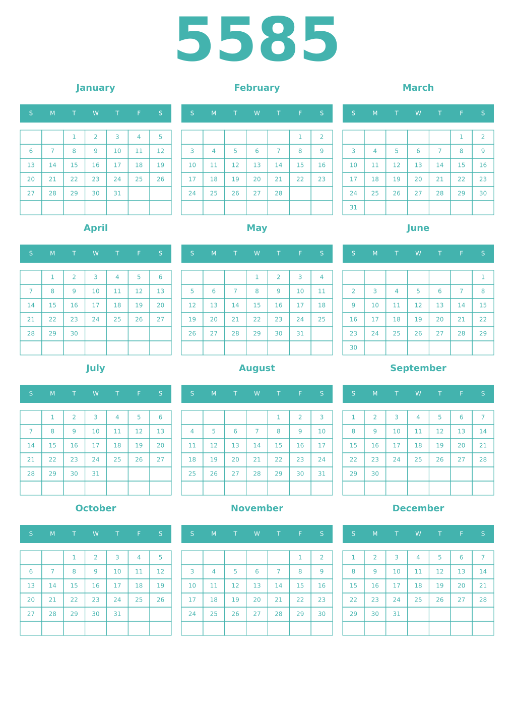 Printable 5585 Year Calendars verdigris