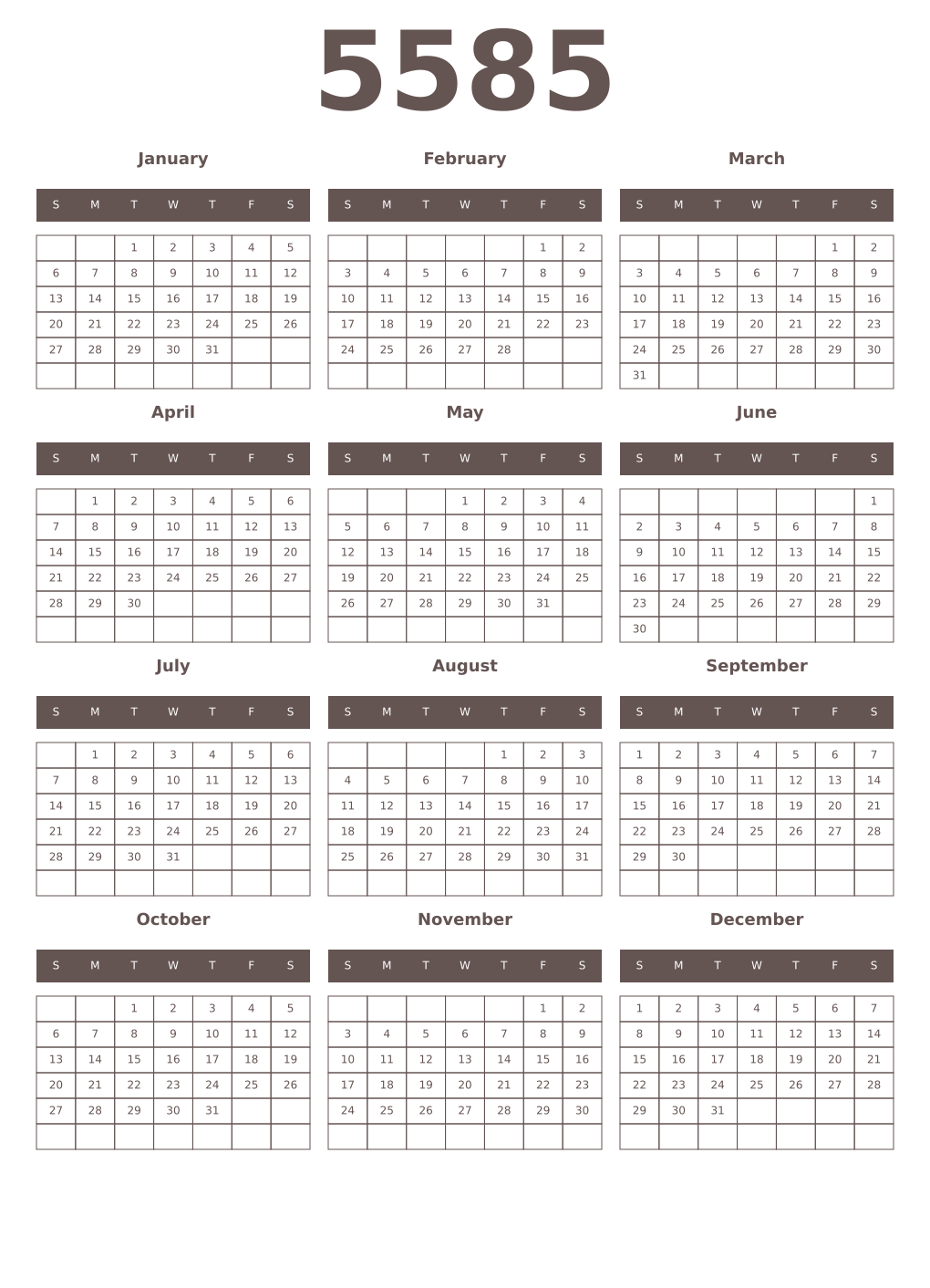Printable 5585 Year Calendars wenge