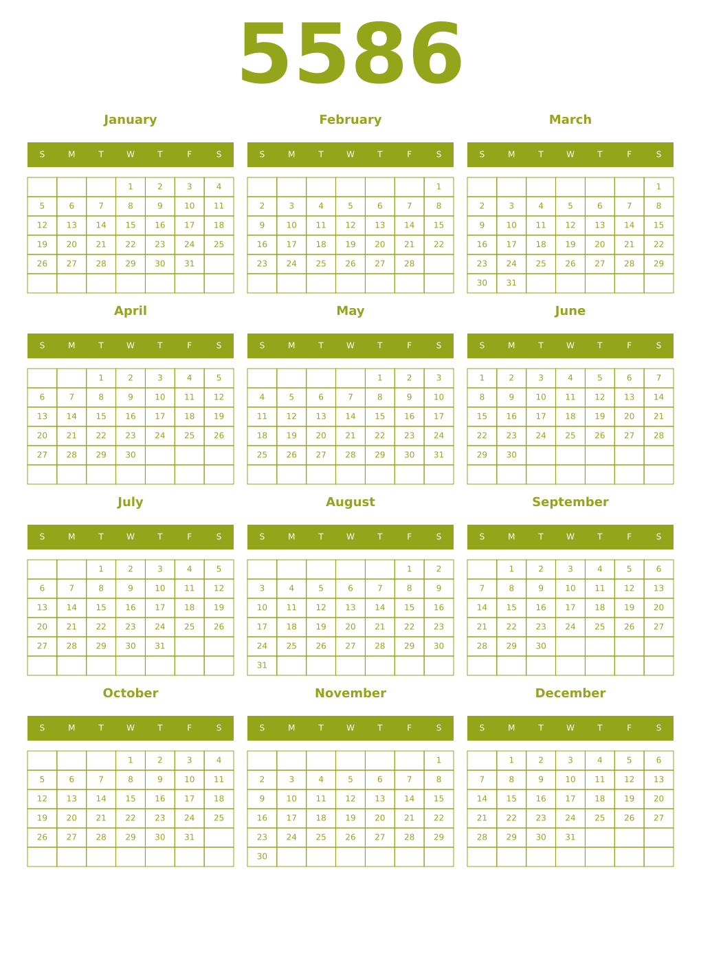 Printable 5586 Year Calendars chartreuse