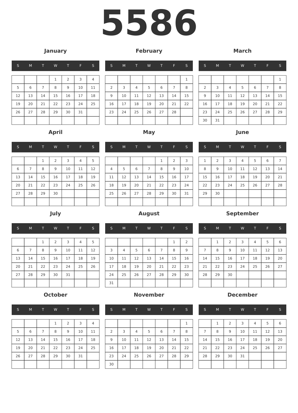 Printable 5586 Year Calendars dark