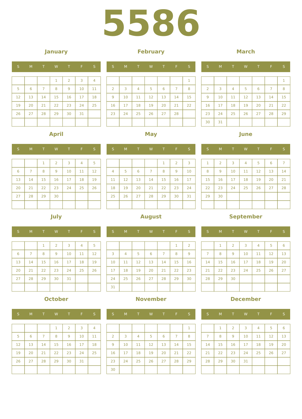 Printable 5586 Year Calendars eburnean
