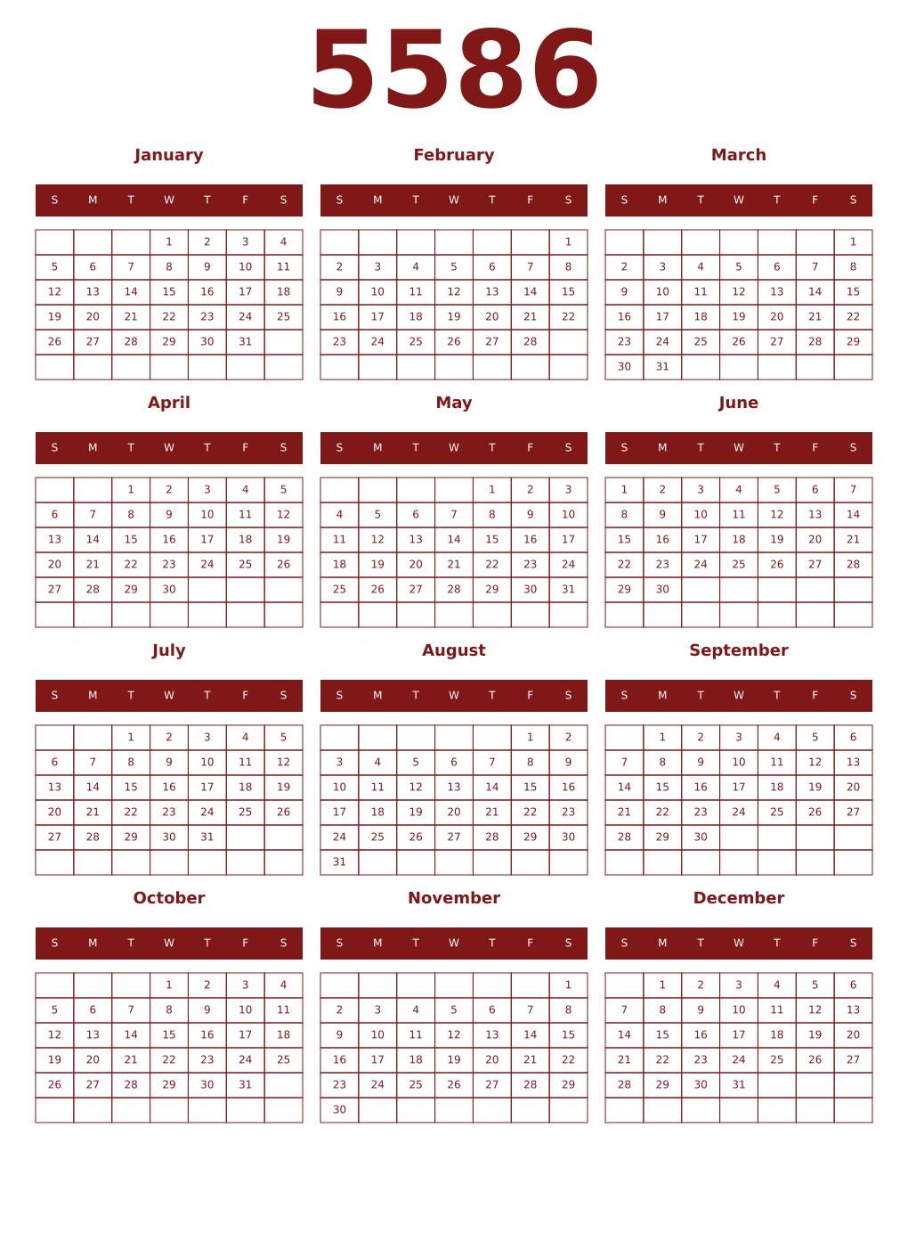 Printable 5586 Year Calendars falu