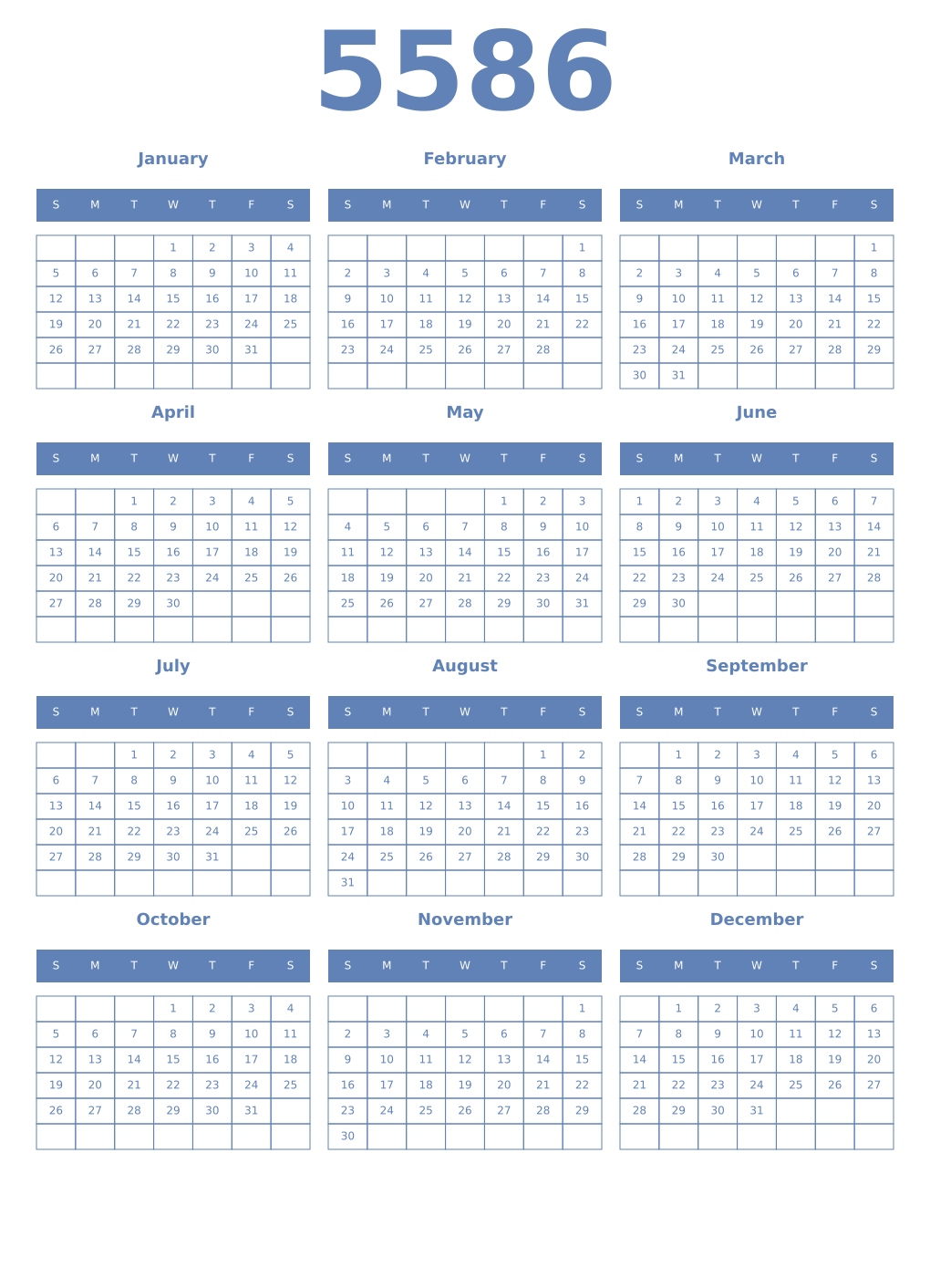 Printable 5586 Year Calendars glaucous