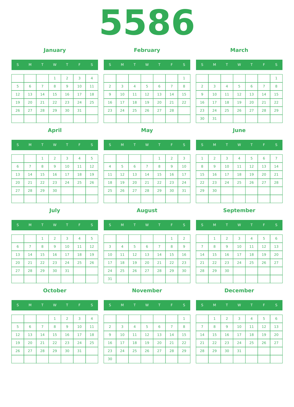 Printable 5586 Year Calendars green