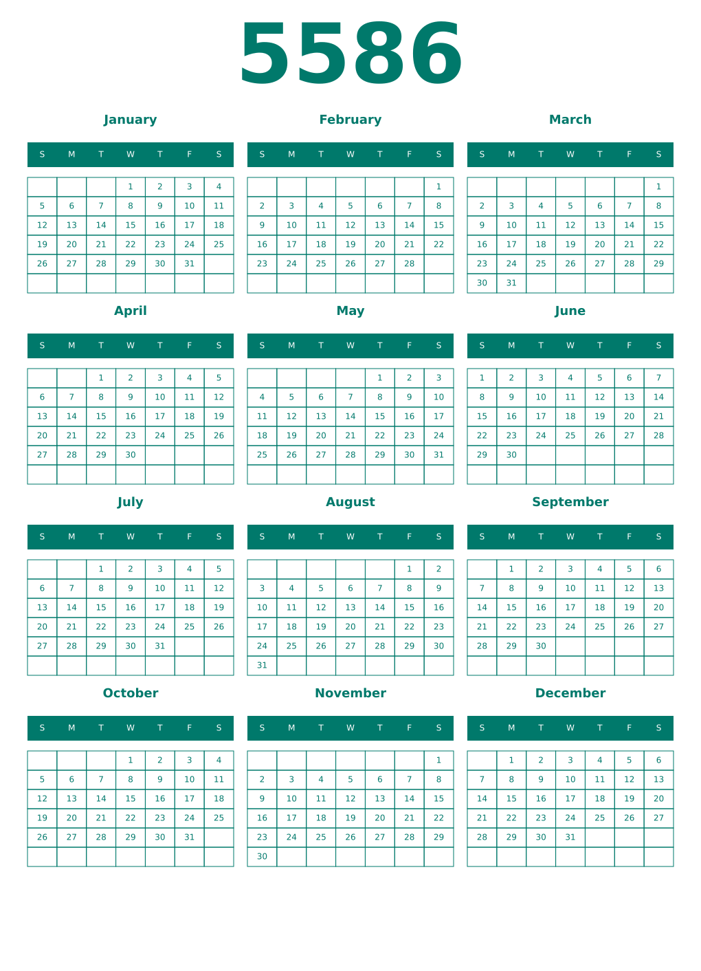 Printable 5586 Year Calendars pastel