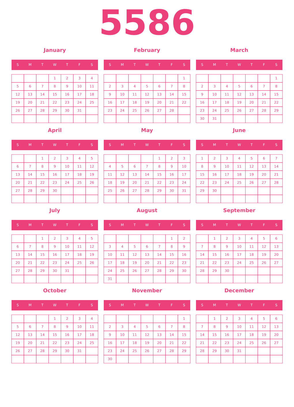 Printable 5586 Year Calendars pink