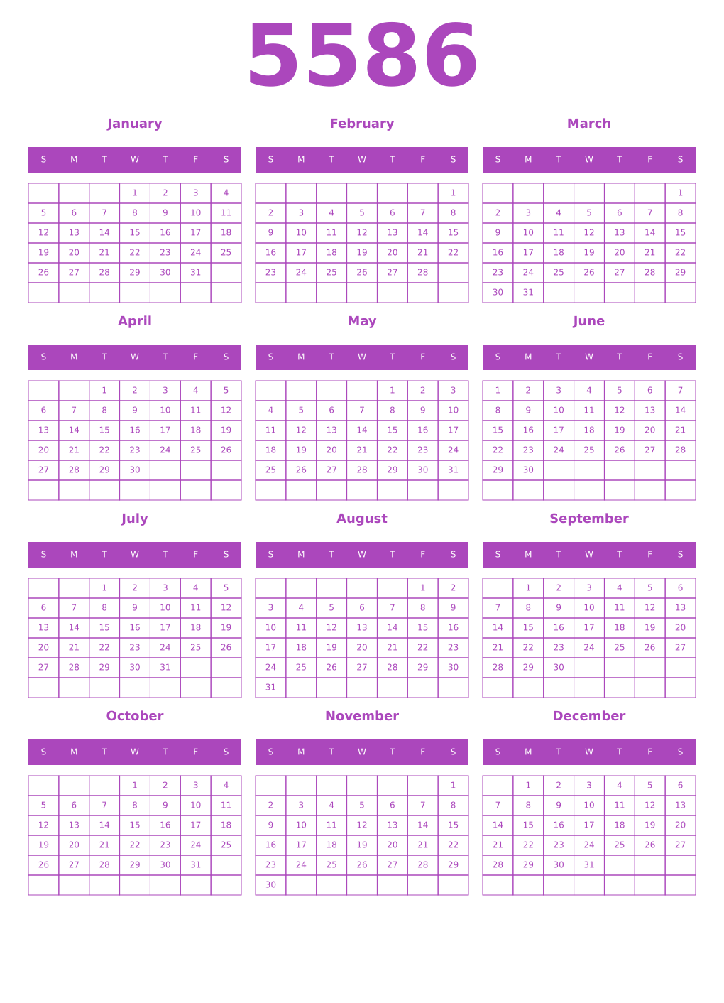 Printable 5586 Year Calendars purple
