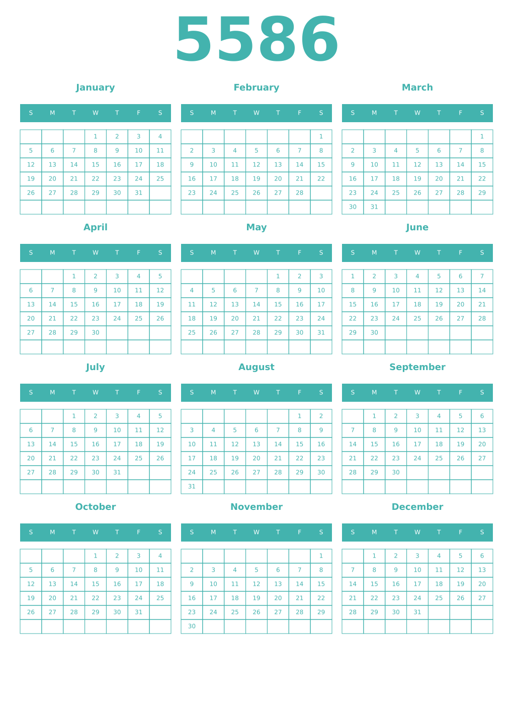 Printable 5586 Year Calendars verdigris