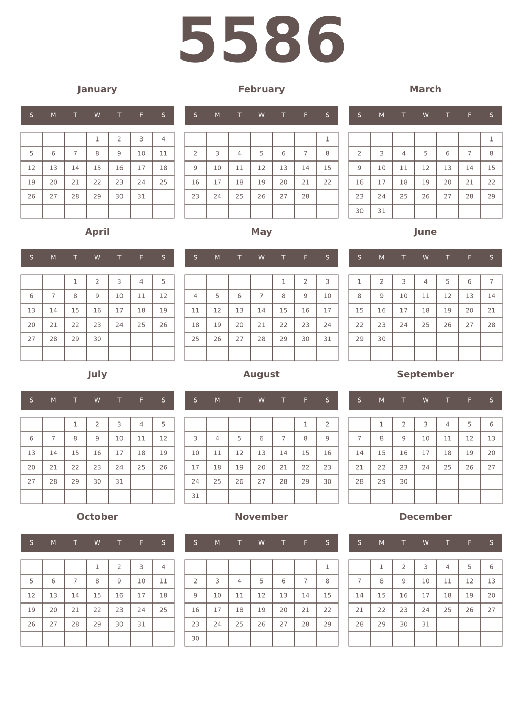 Printable 5586 Year Calendars wenge