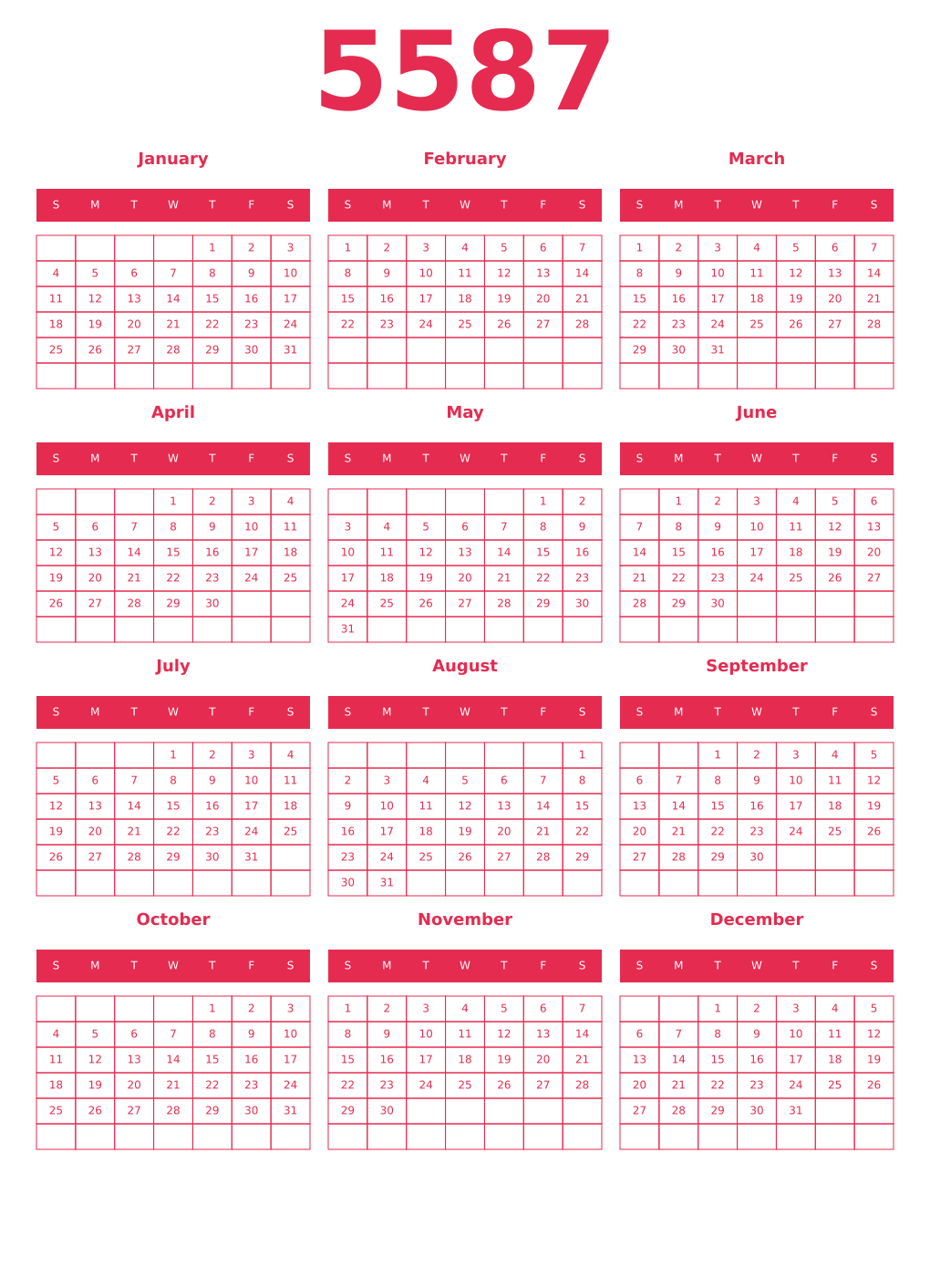 Printable 5587 Year Calendars amaranth