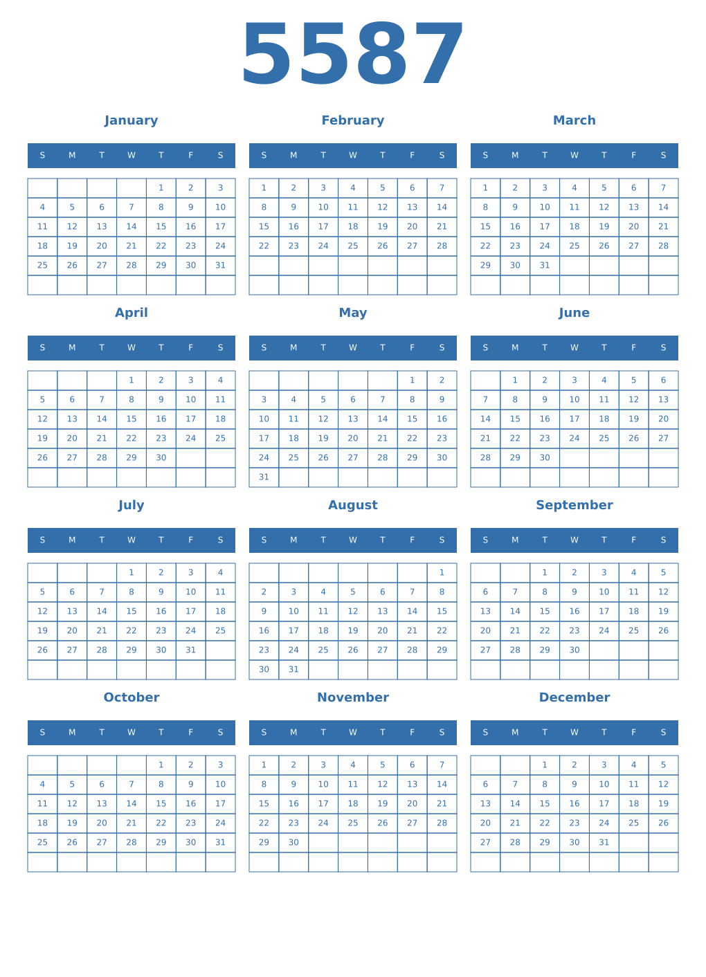 Printable 5587 Year Calendars blue
