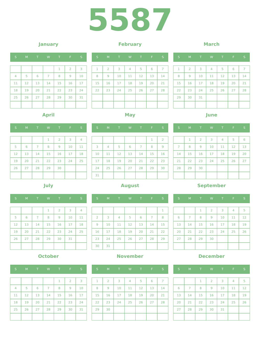 Printable 5587 Year Calendars celadon