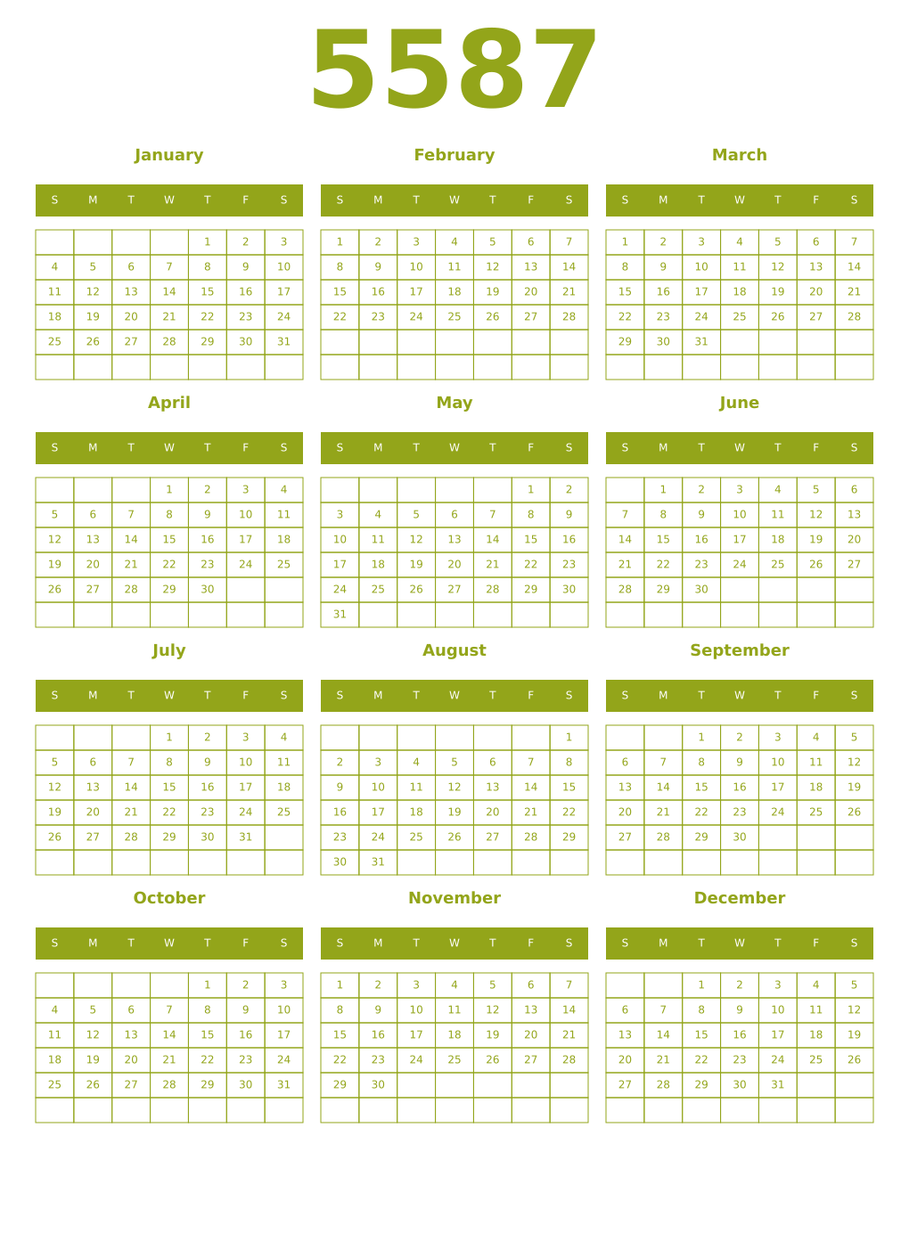 Printable 5587 Year Calendars chartreuse