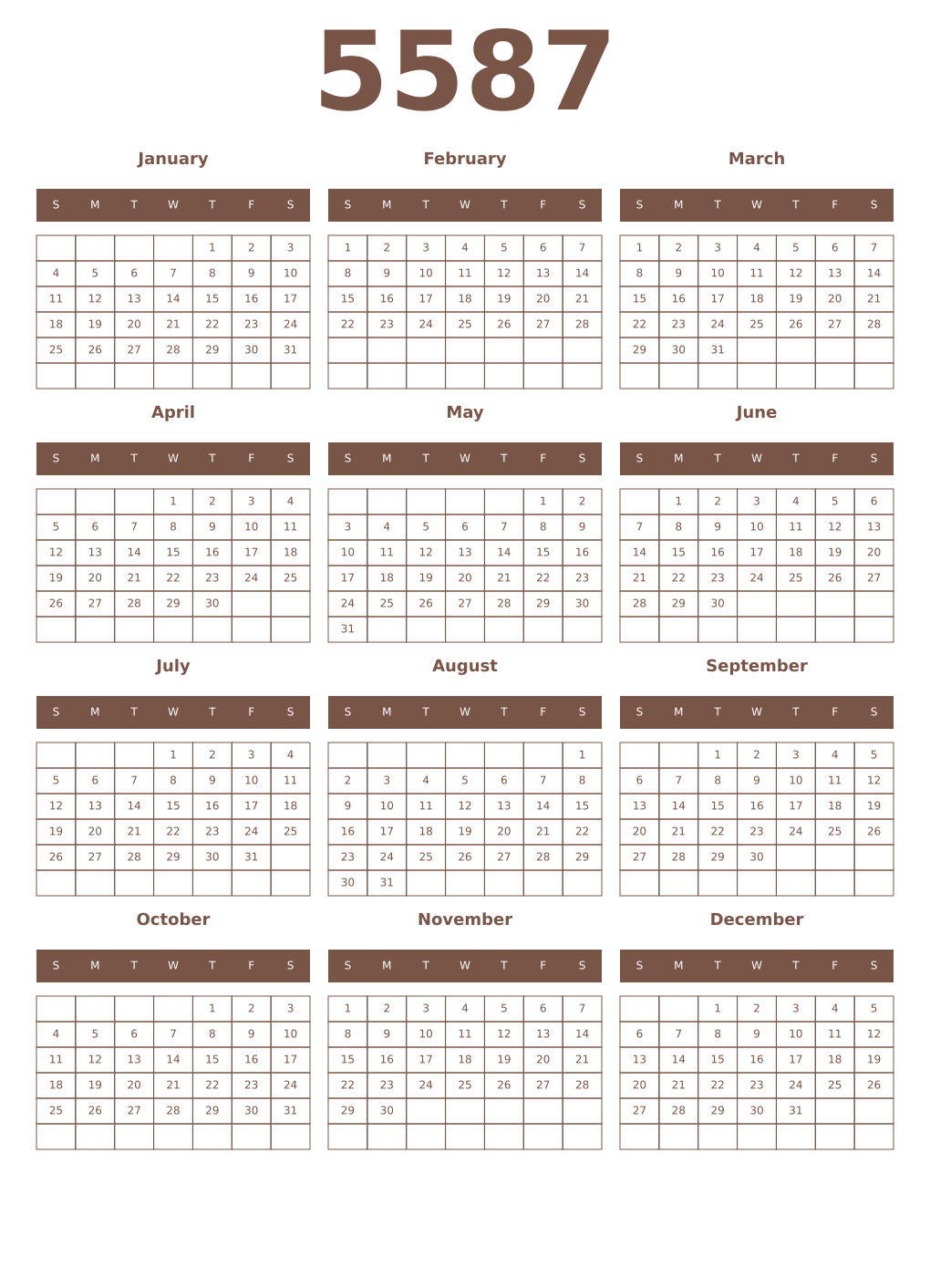 Printable 5587 Year Calendars coffe