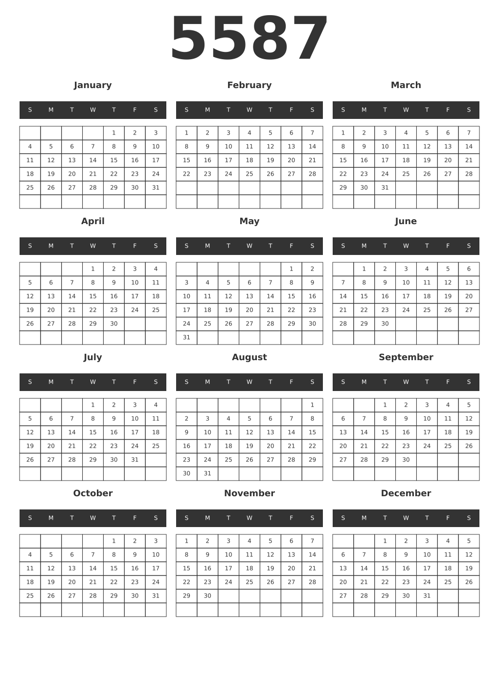 Printable 5587 Year Calendars dark