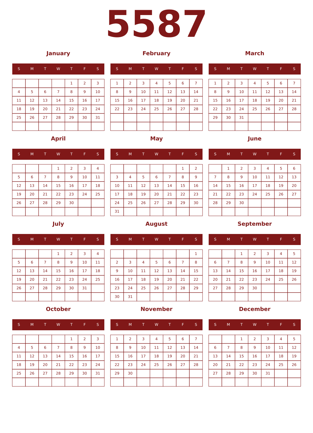Printable 5587 Year Calendars falu