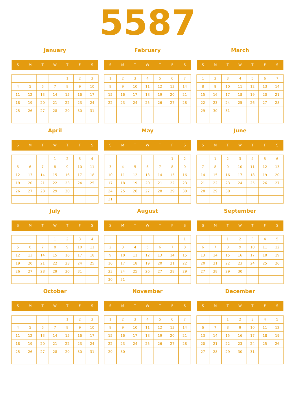Printable 5587 Year Calendars gamboge