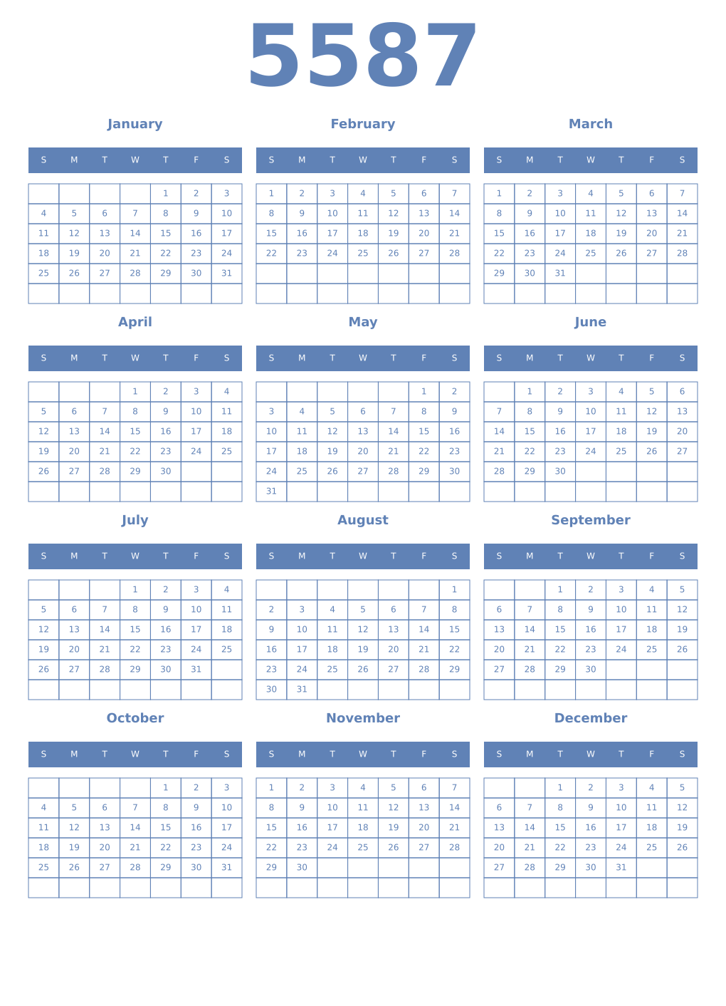 Printable 5587 Year Calendars glaucous