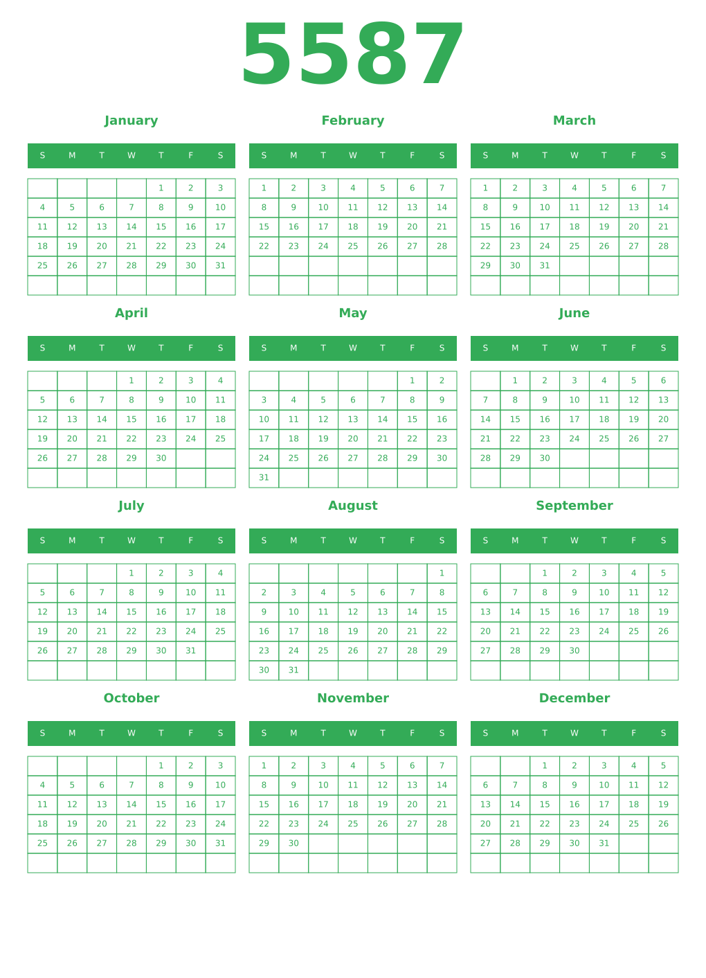 Printable 5587 Year Calendars green