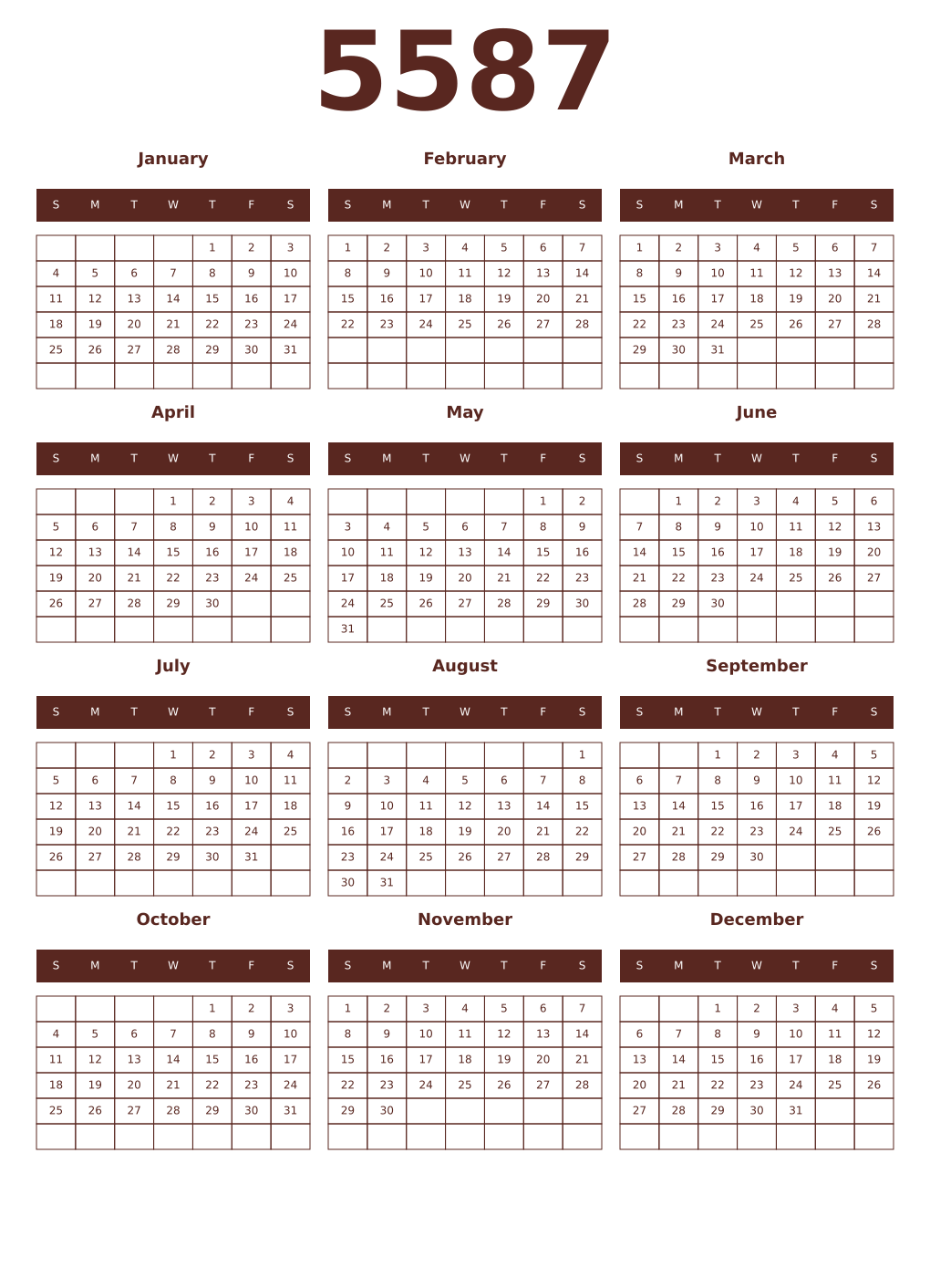 Printable 5587 Year Calendars mortuum