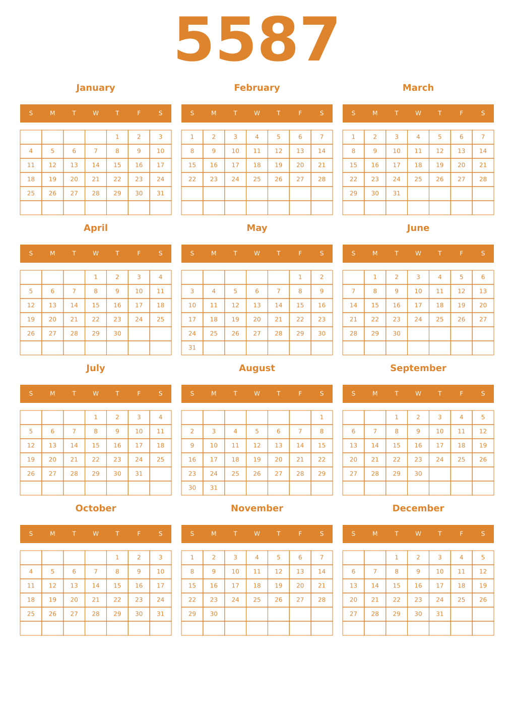 Printable 5587 Year Calendars orange