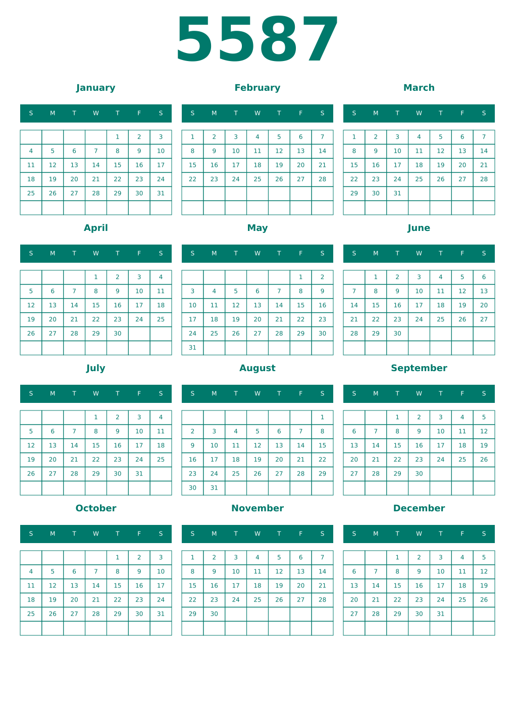 Printable 5587 Year Calendars pastel