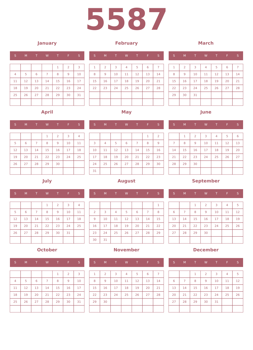 Printable 5587 Year Calendars puce