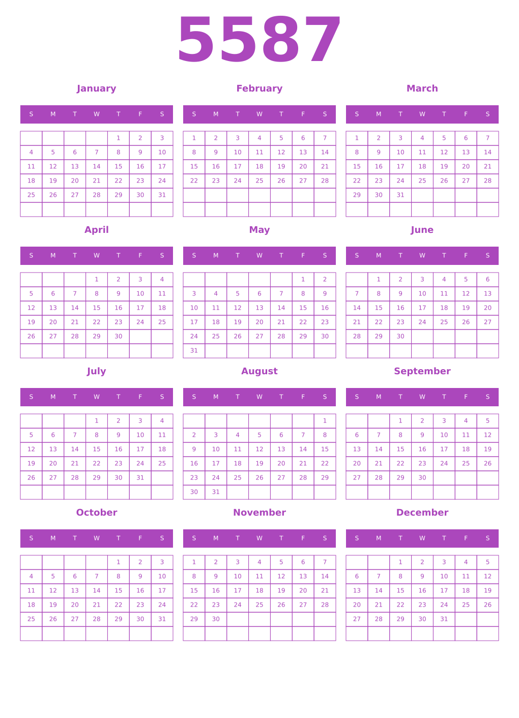 Printable 5587 Year Calendars purple