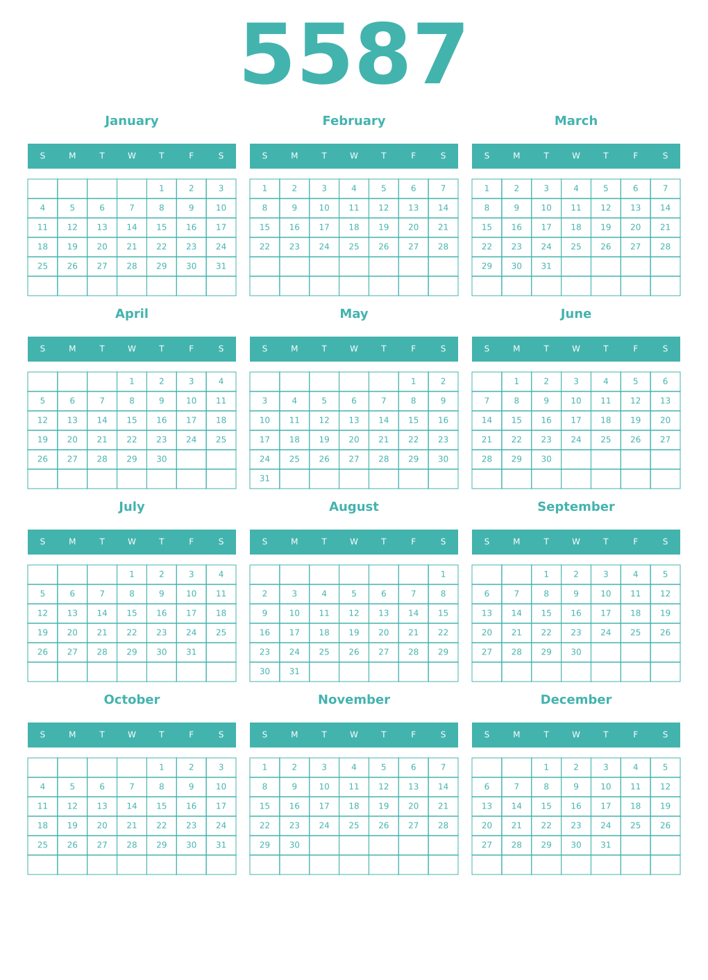 Printable 5587 Year Calendars verdigris