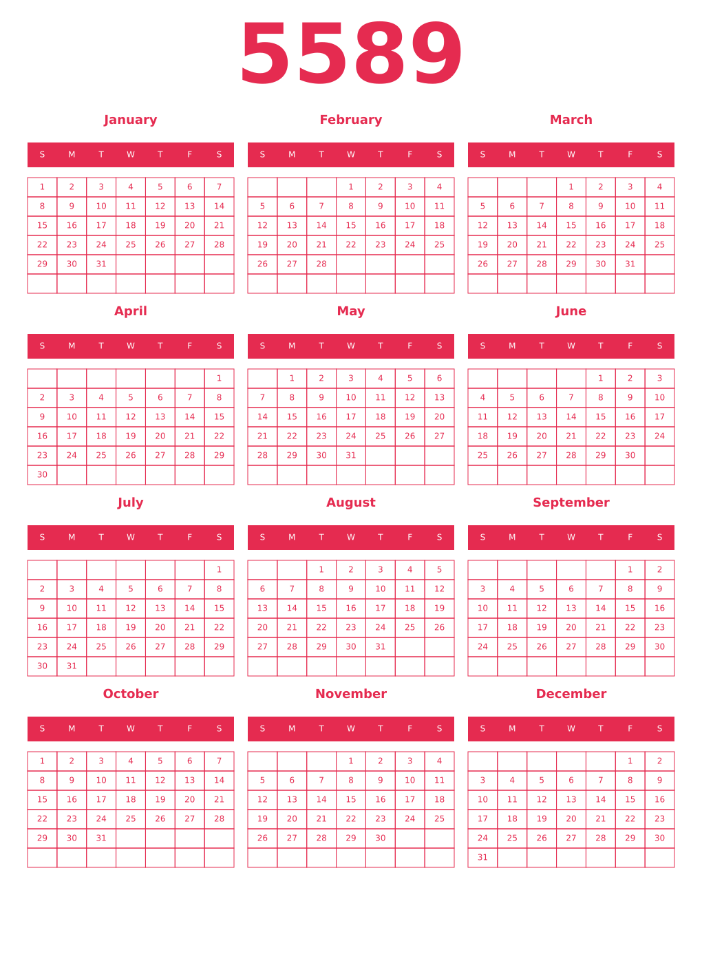 Printable 5589 Year Calendars amaranth