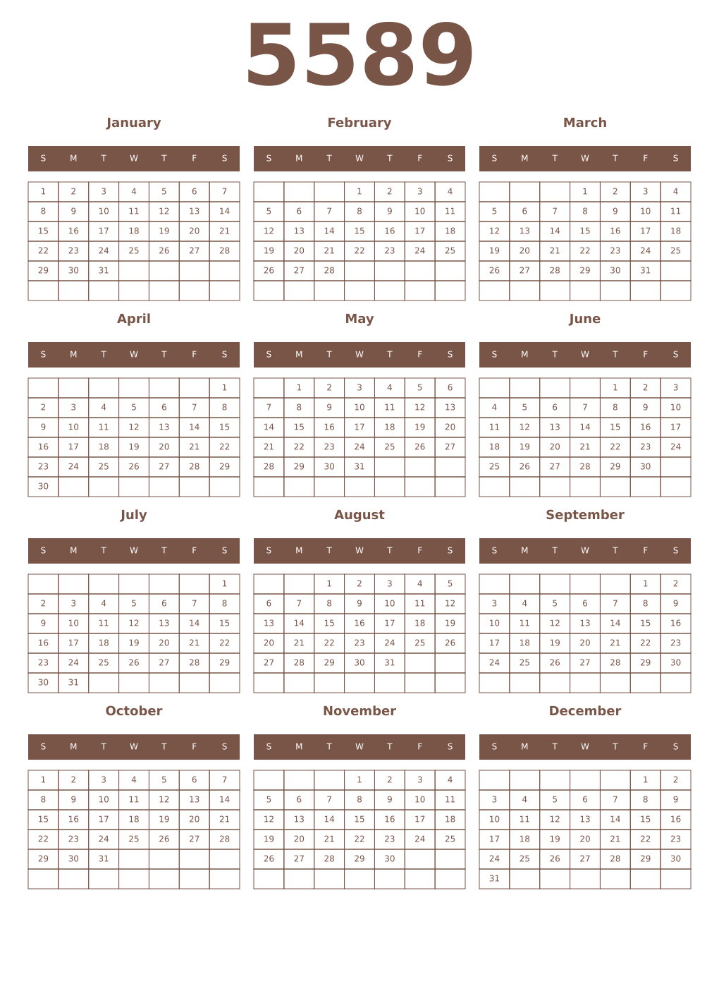 Printable 5589 Year Calendars coffe