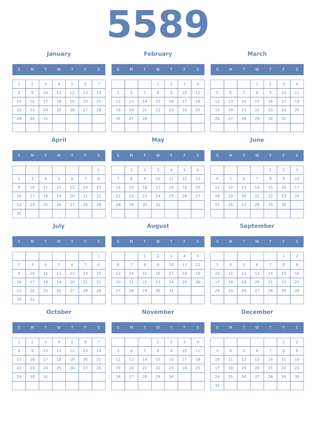 Printable 5589 Year Calendars glaucous