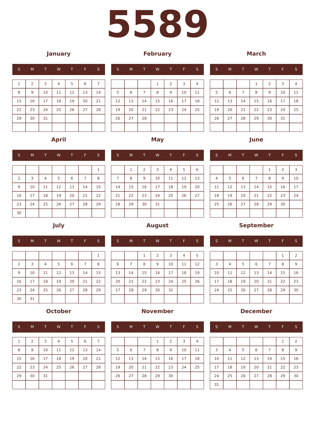 Printable 5589 Year Calendars mortuum