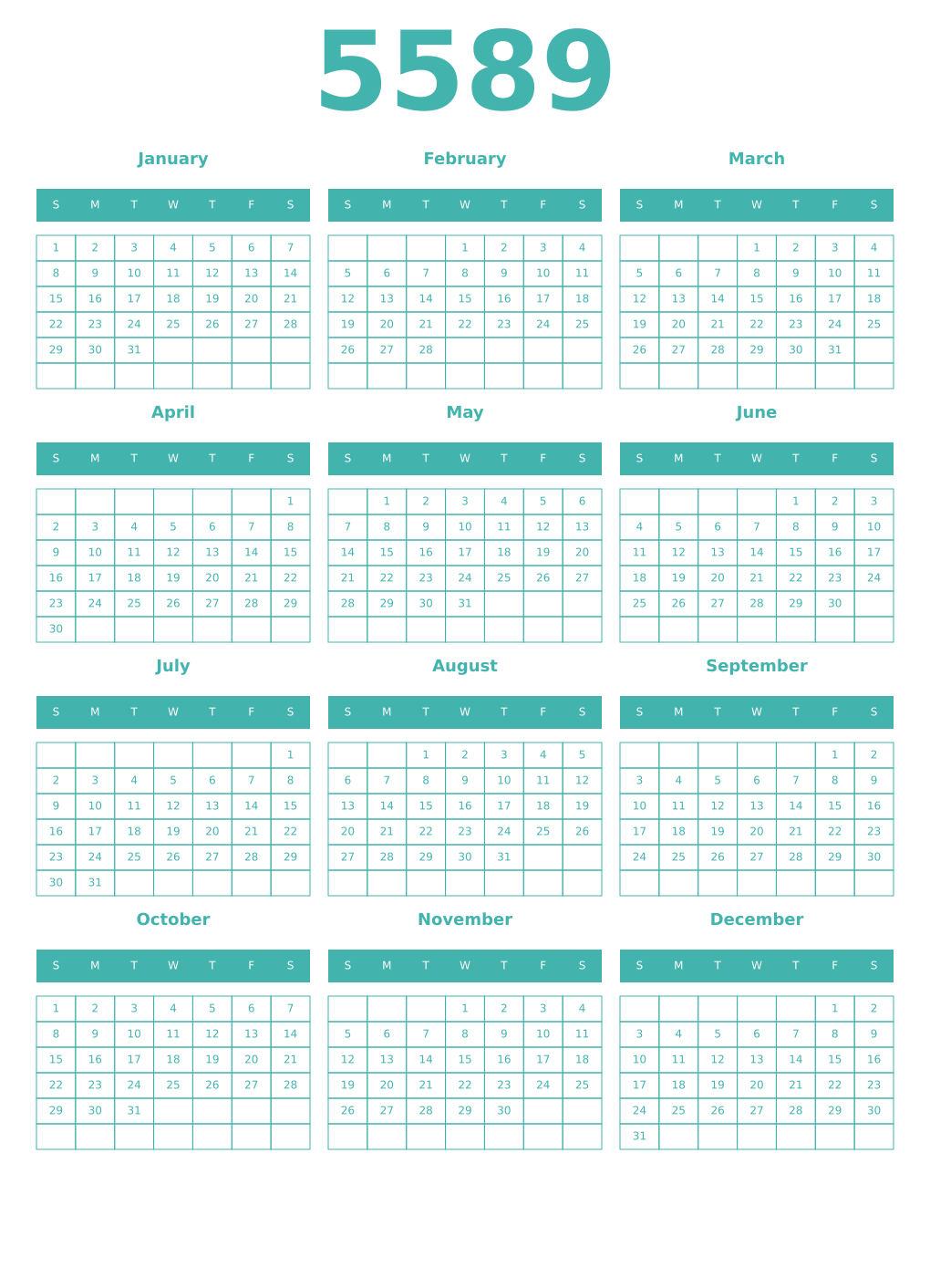 Printable 5589 Year Calendars verdigris